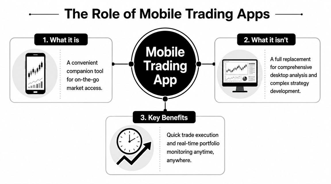 A diagram explaining the role of mobile trading apps, highlighting their functions, limitations, and key benefits.