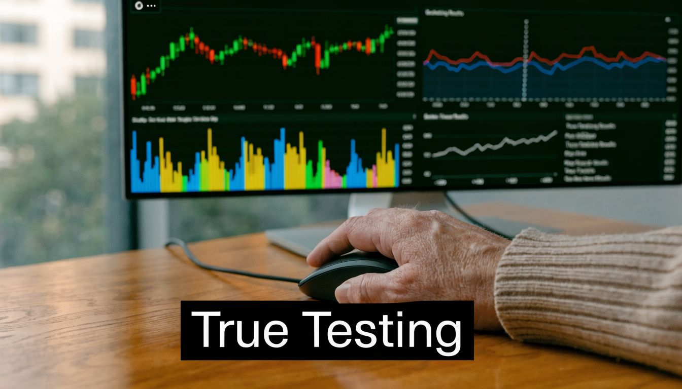 A close up view of an older person using a computer mouse to analyze complex financial trading charts.