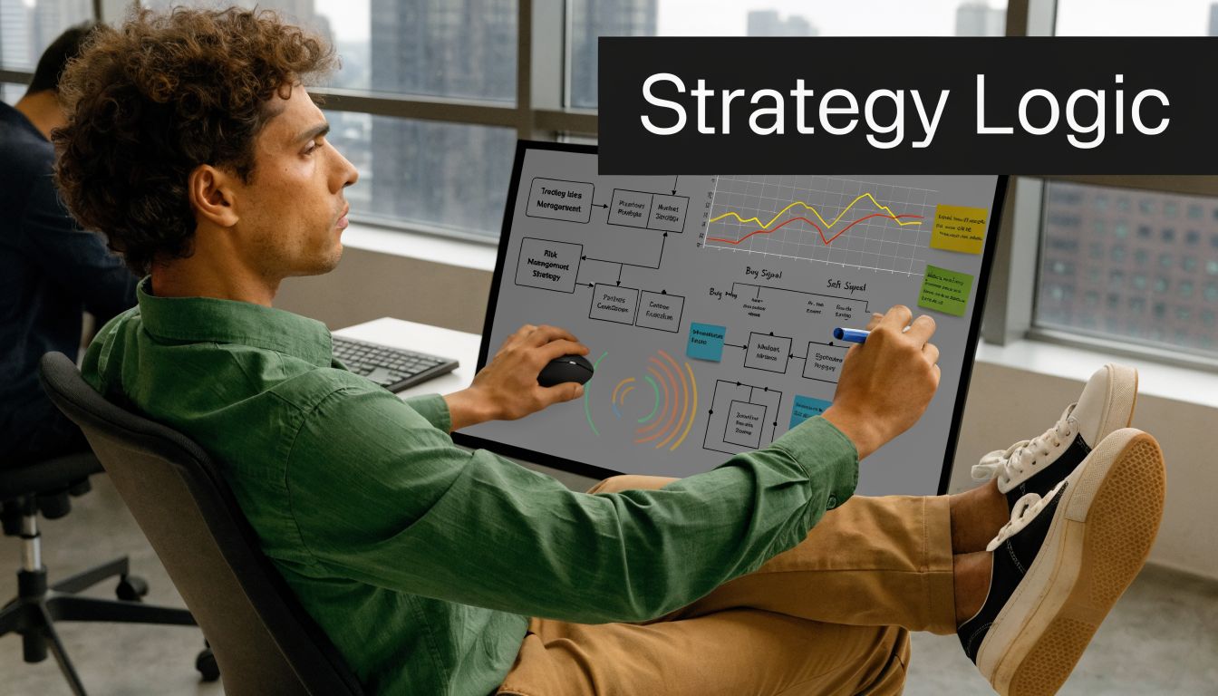 A professional working on automated trading strategy logic using a digital interface in a modern office setting.