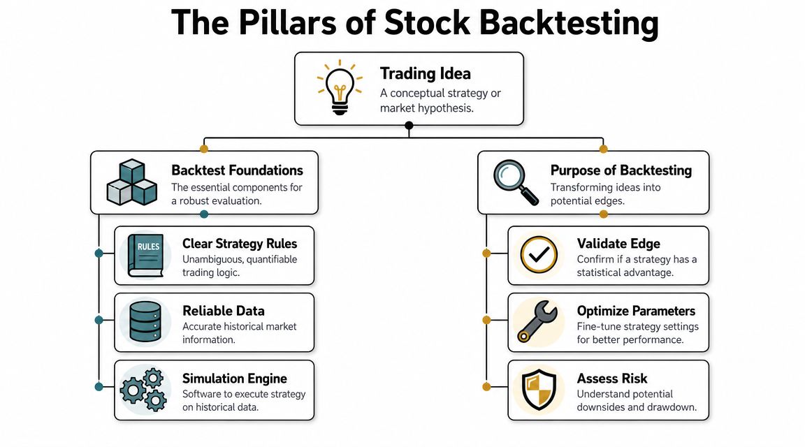 A diagram illustrating the pillars of stock backtesting, including trading ideas, foundations, and purpose.