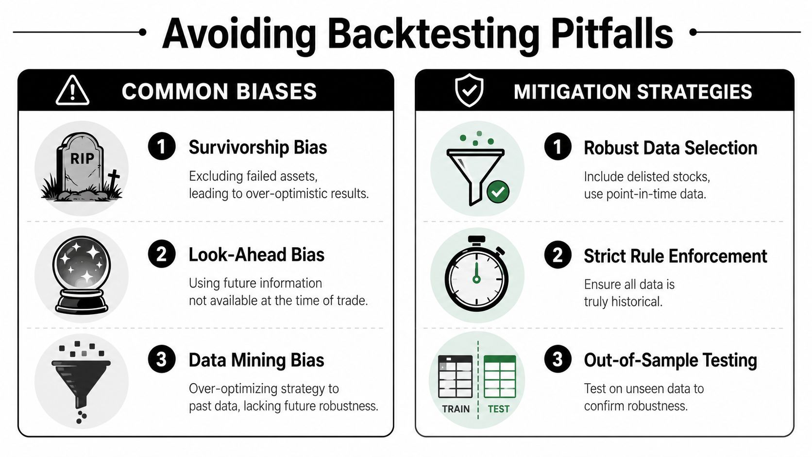 An infographic titled Avoiding Backtesting Pitfalls outlining common investment biases and their respective mitigation strategies.