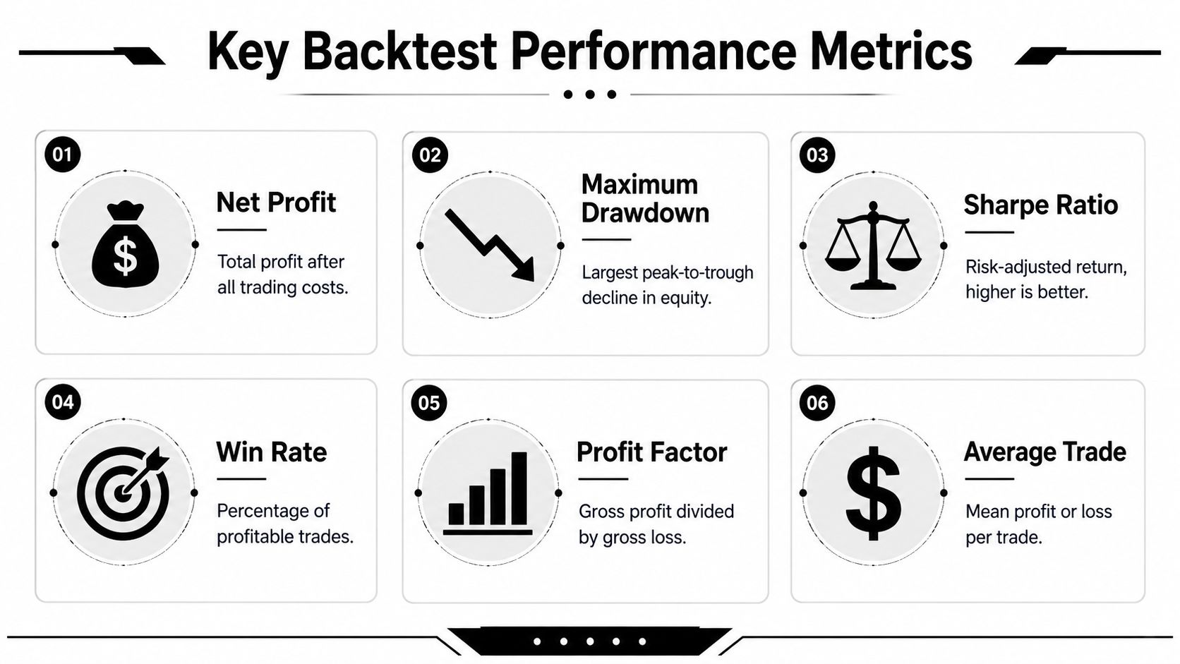 An infographic displaying six key backtest performance metrics used for evaluating trading strategy results.