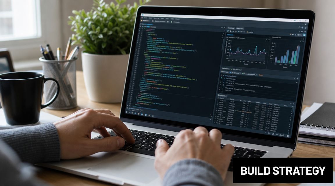 A developer working on stock market back testing analysis on a laptop in a well-lit office.
