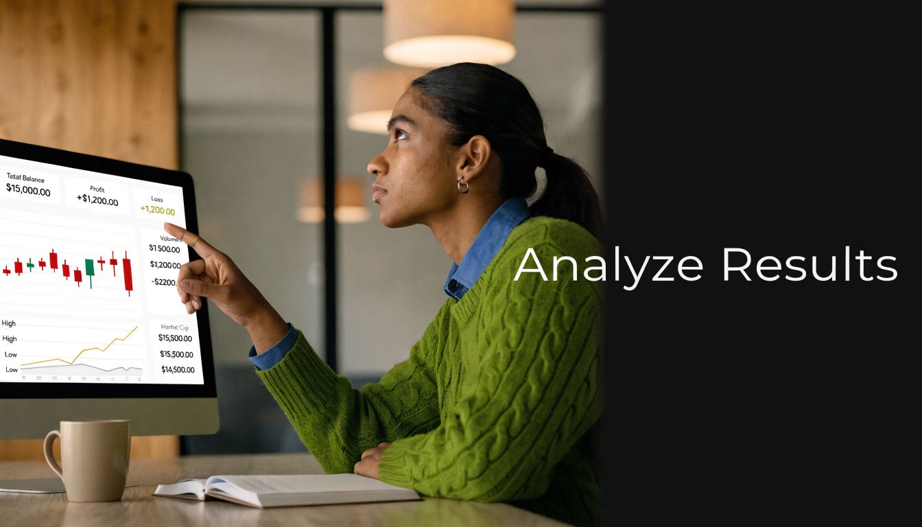 A young woman in a green sweater analyzing financial trading charts on a computer screen.