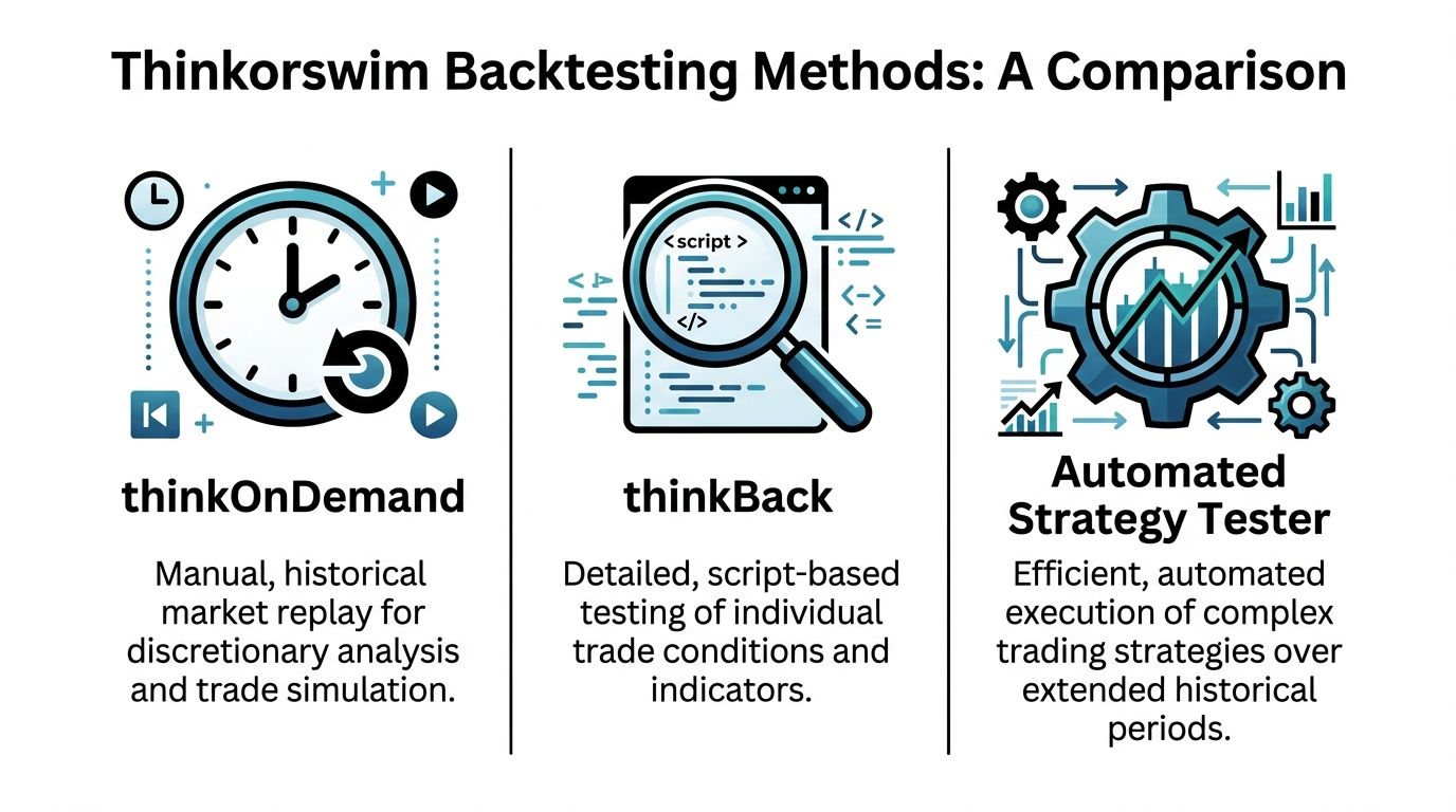 A comparison chart of three Thinkorswim backtesting methods: thinkOnDemand, thinkBack, and Automated Strategy Tester.