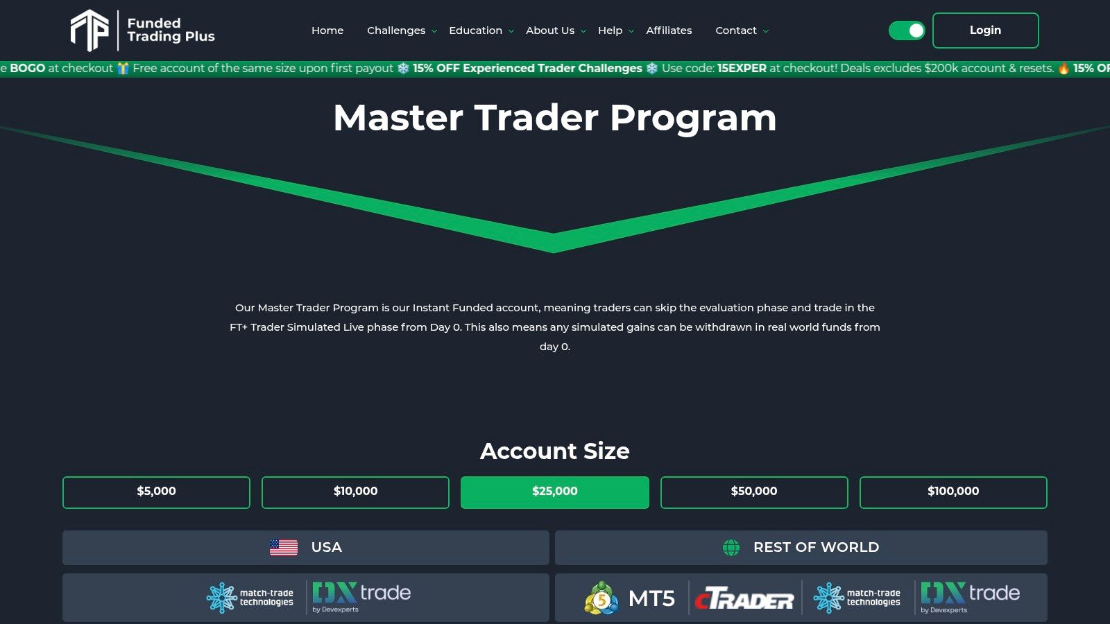 Funded Trading Plus Master Trader Program interface