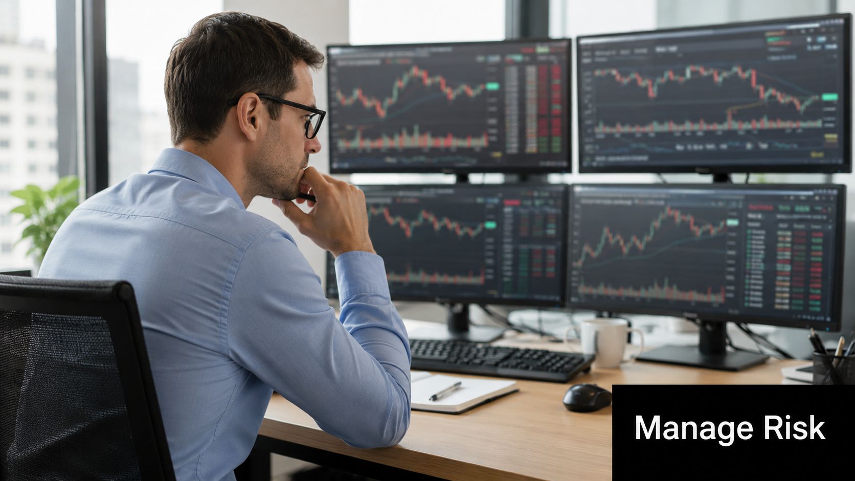 A professional financial trader analyzing complex market data charts on multiple computer screens in an office setting.