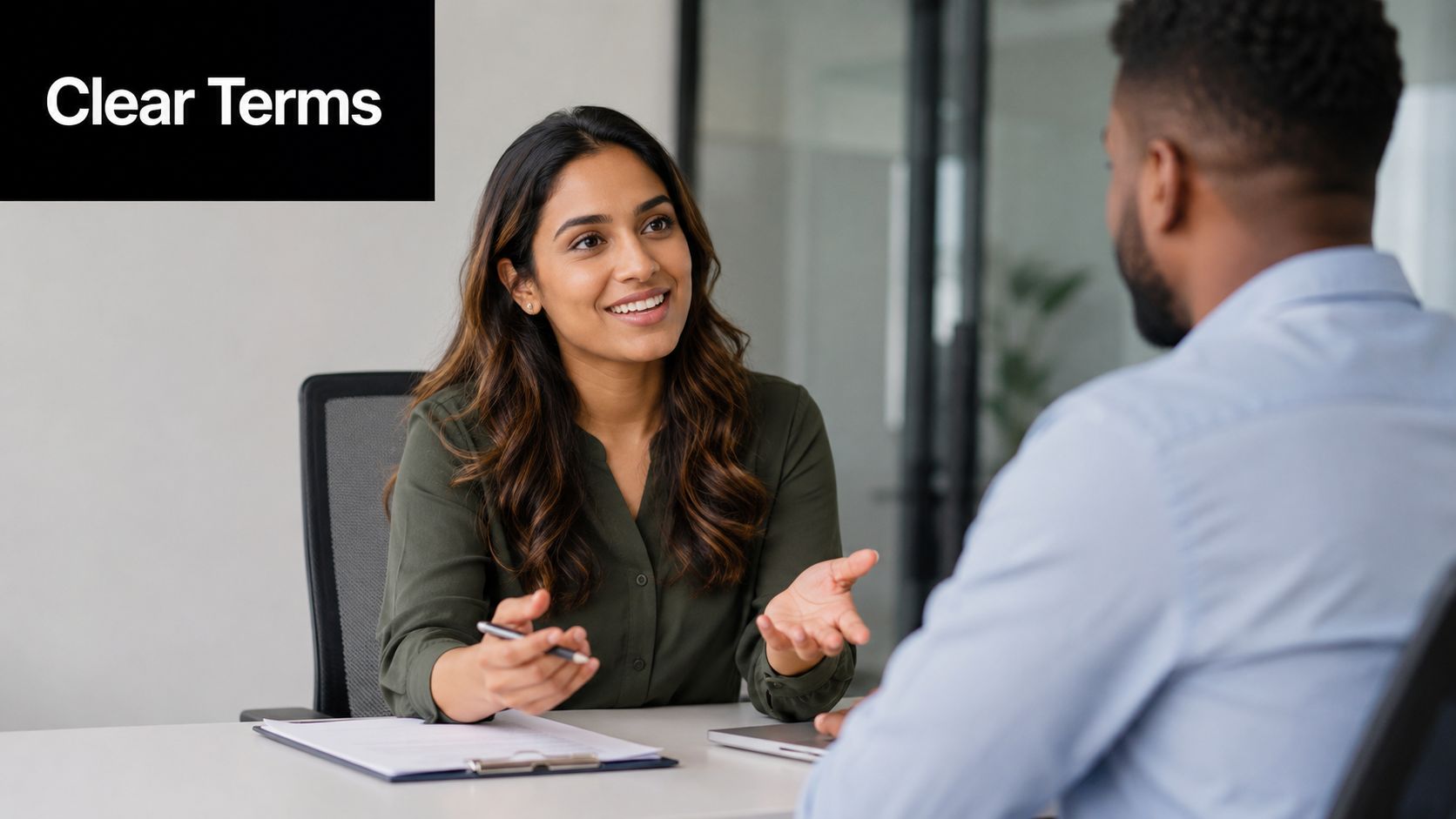 A professional woman in an olive green shirt having a conversation with a colleague in an office.