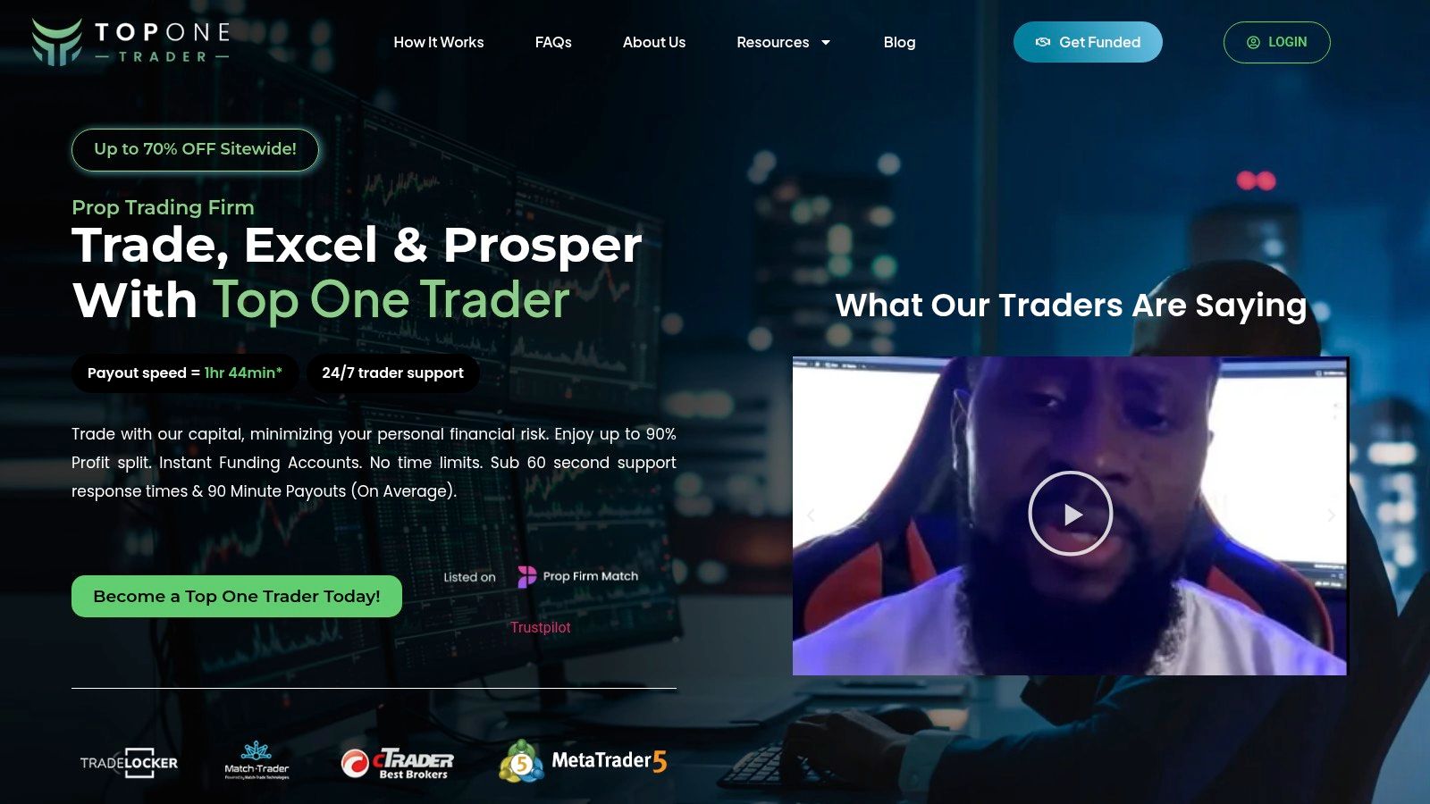 Top One Trader dashboard showing account details and performance metrics