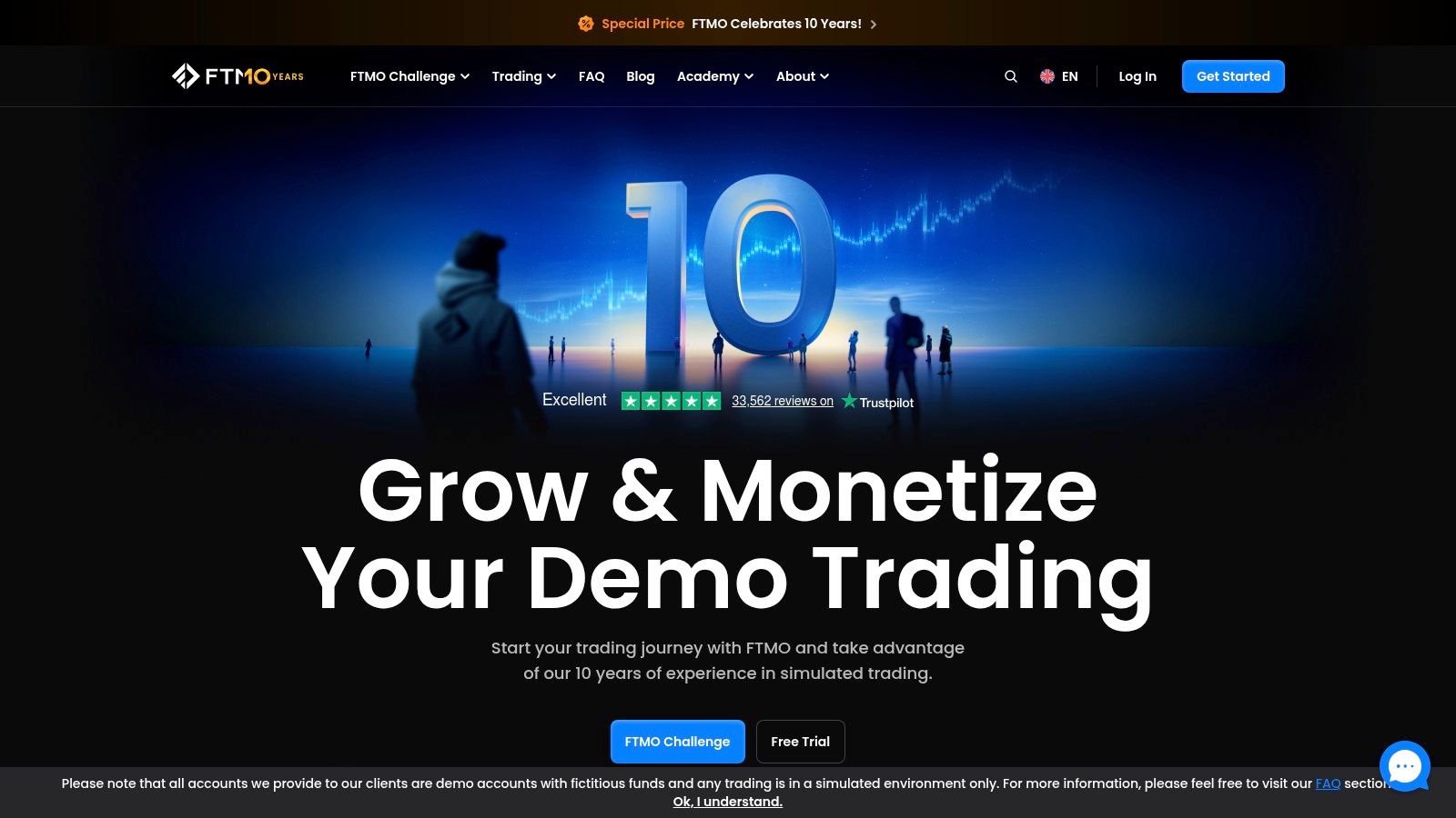 FTMO trading platform interface showing charts and account metrics