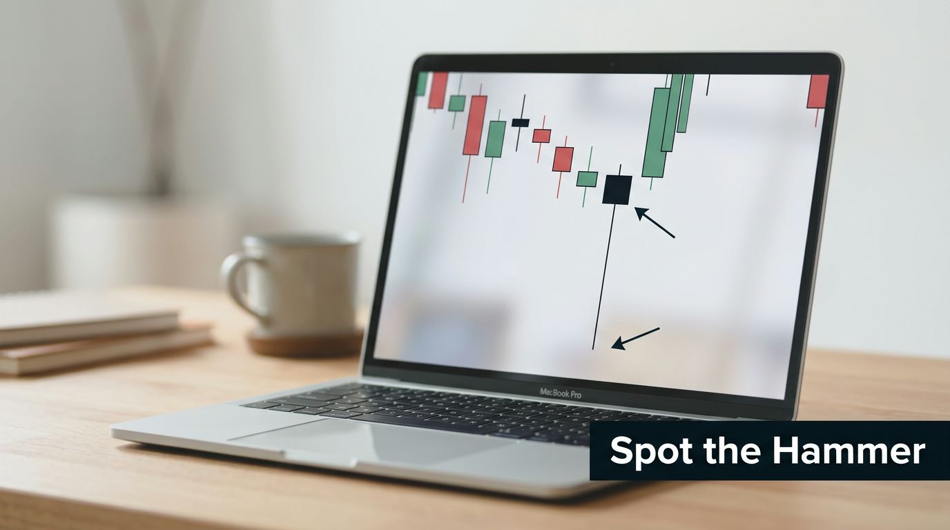 A laptop screen displaying a stock market chart with a prominent bullish hammer candle highlighted by arrows.