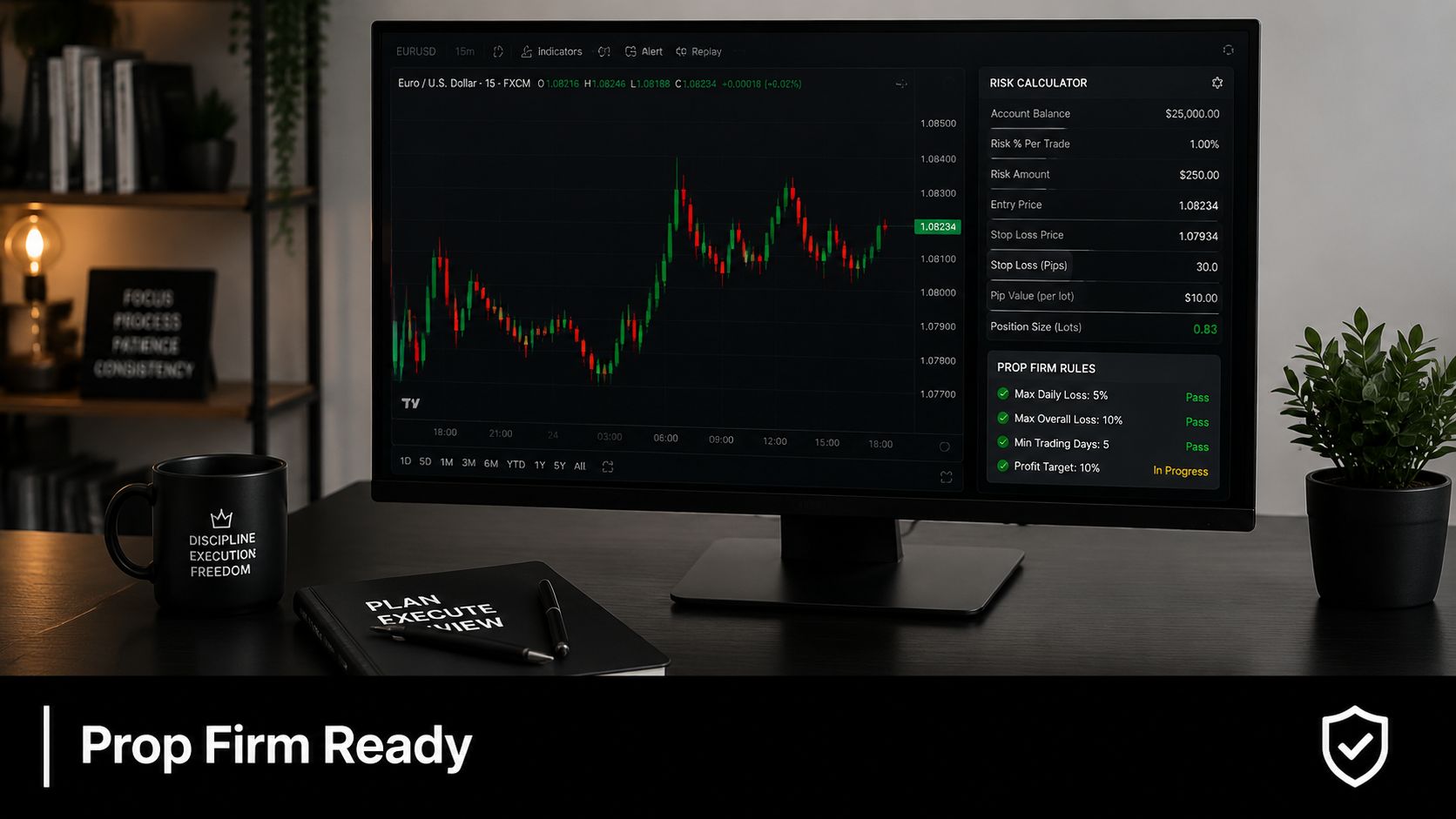 A professional trading desk setup featuring a monitor with a risk calculator, financial charts, and inspirational office decor.