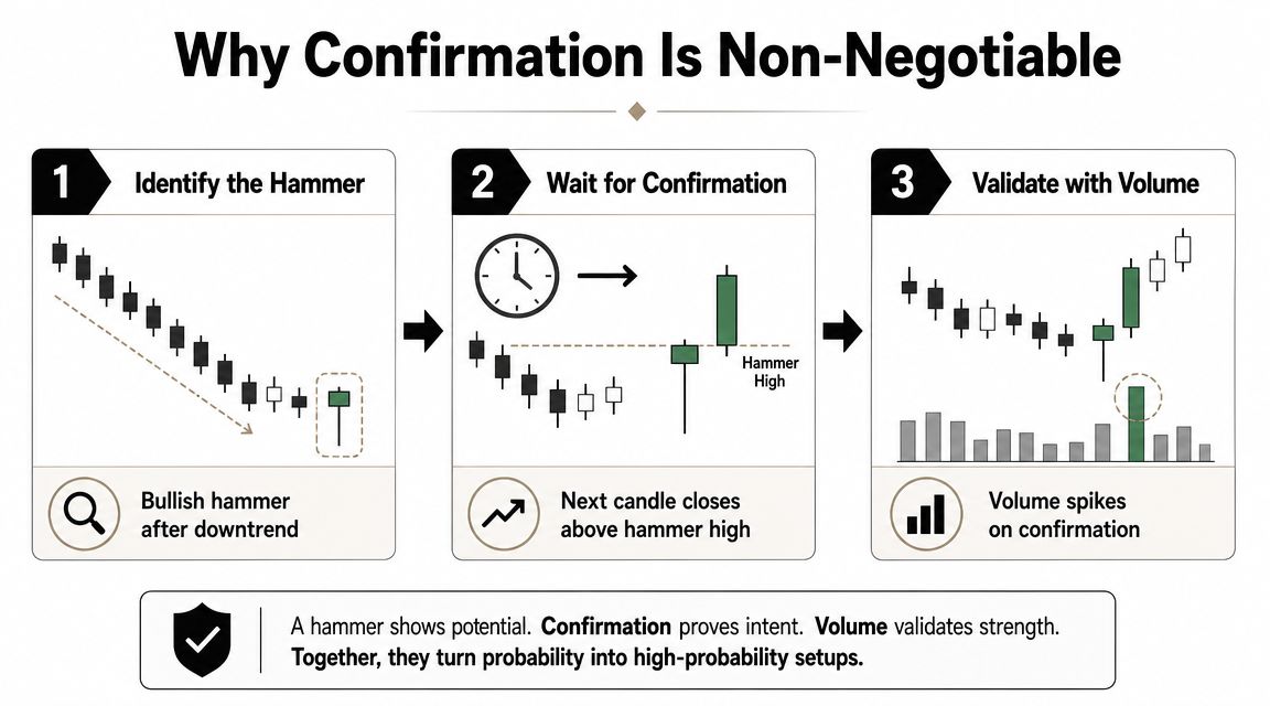 A three-step infographic explaining how to trade using a bullish hammer candle with confirmation and volume.