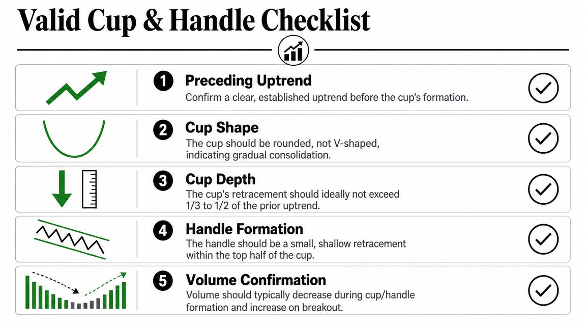A checklist illustrating five key criteria for identifying a valid cup and handle stock chart pattern.
