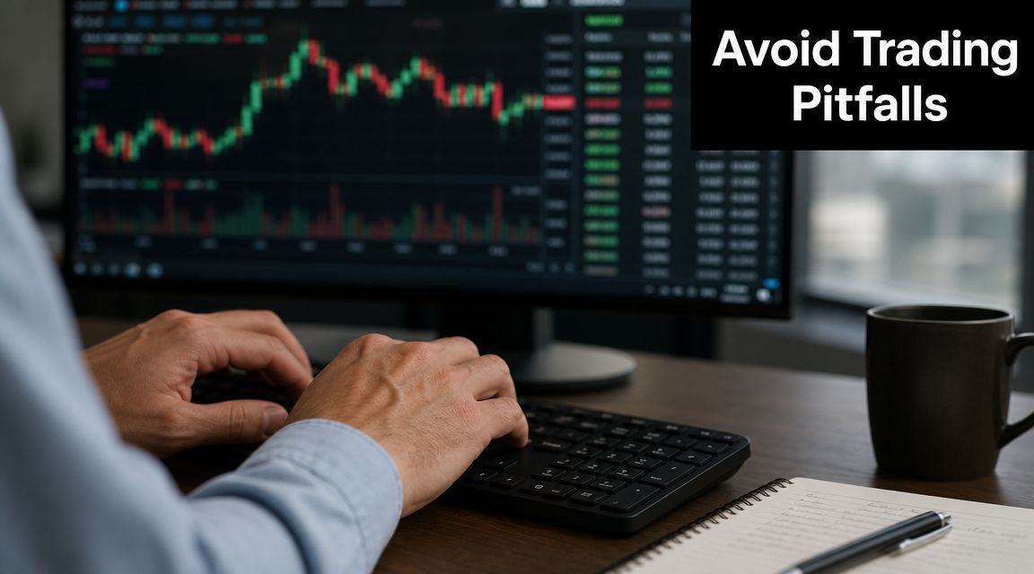 A trader working at a desk with a computer monitor showing stock market charts and analysis data.