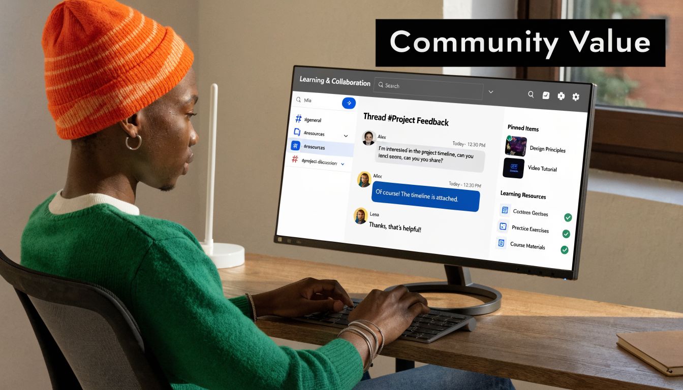 A person wearing a beanie sits at a desk using a computer to collaborate on a digital platform.