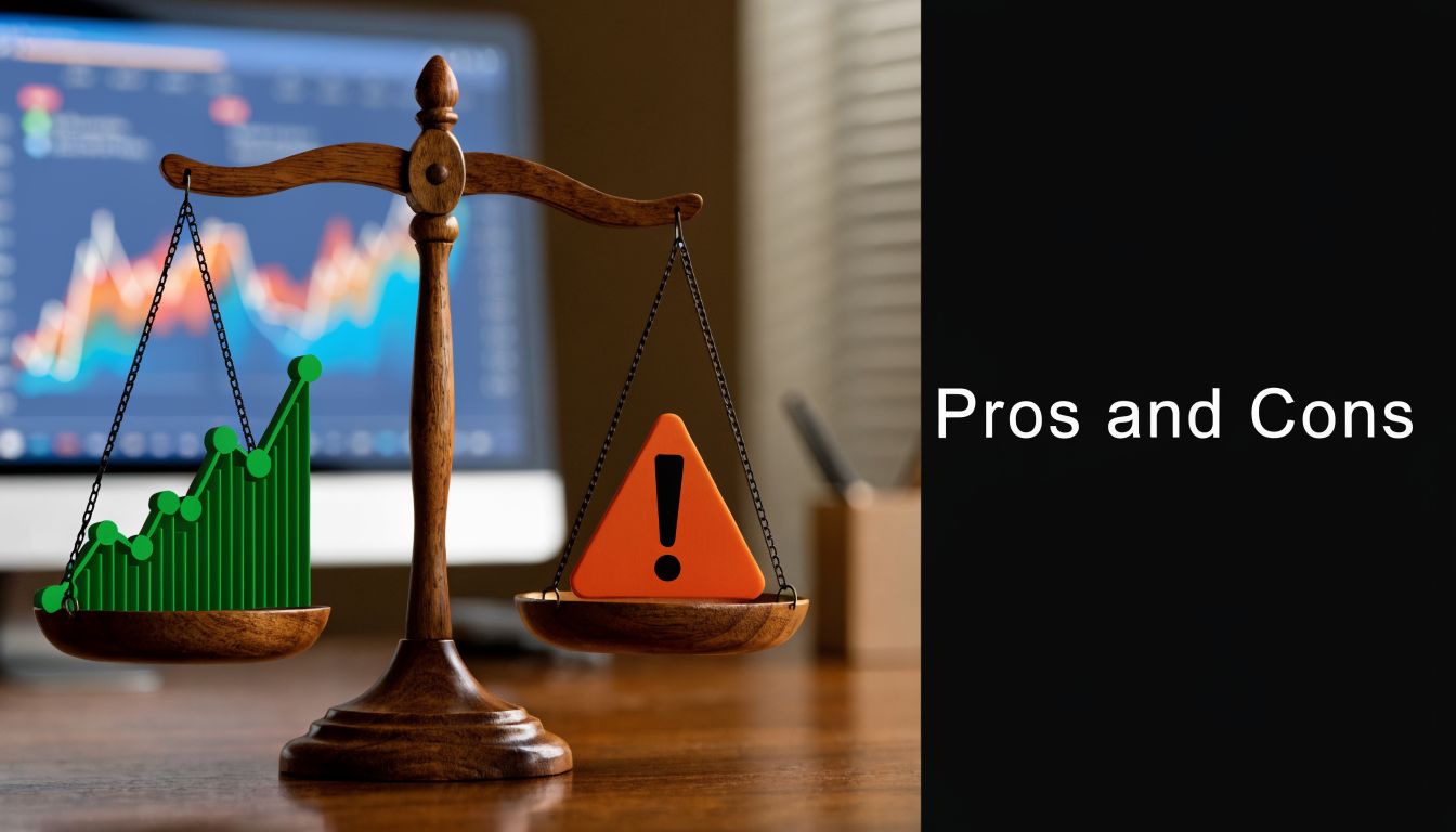 A wooden scale balancing a green upward trending graph against a warning sign for day trading analysis.
