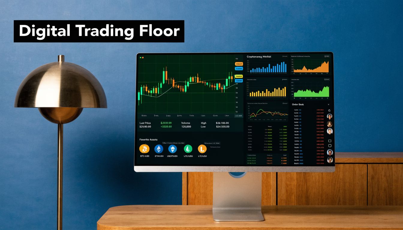 A computer monitor displaying a professional digital stock trading interface on a wooden desk with a lamp.