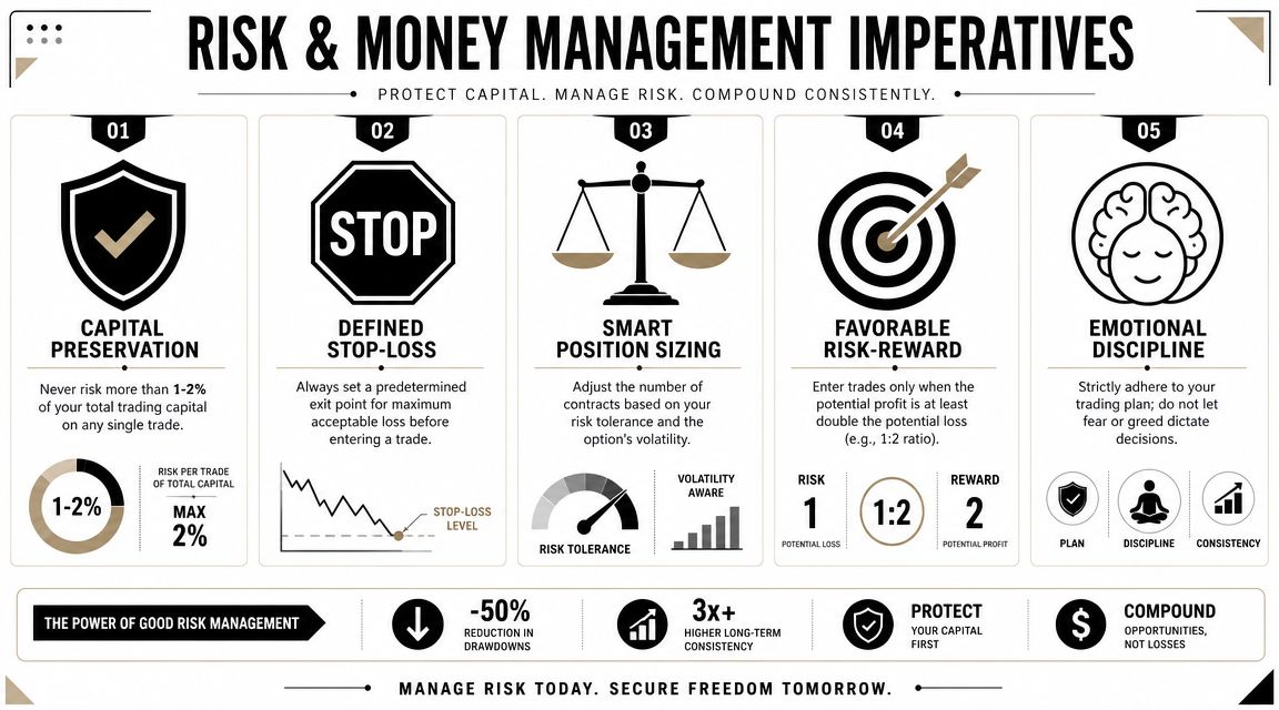 An infographic detailing five key principles for effective risk and money management in trading and investing.