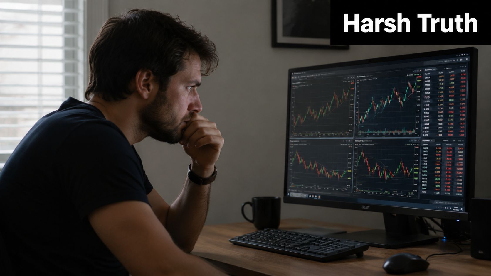 A focused man analyzing stock market financial charts on a computer screen in a home office.