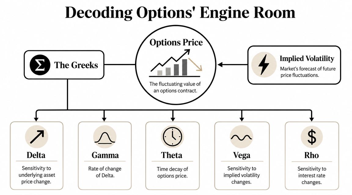 A diagram explaining option pricing components, including The Greeks (Delta, Gamma, Theta, Vega, Rho) and Implied Volatility.