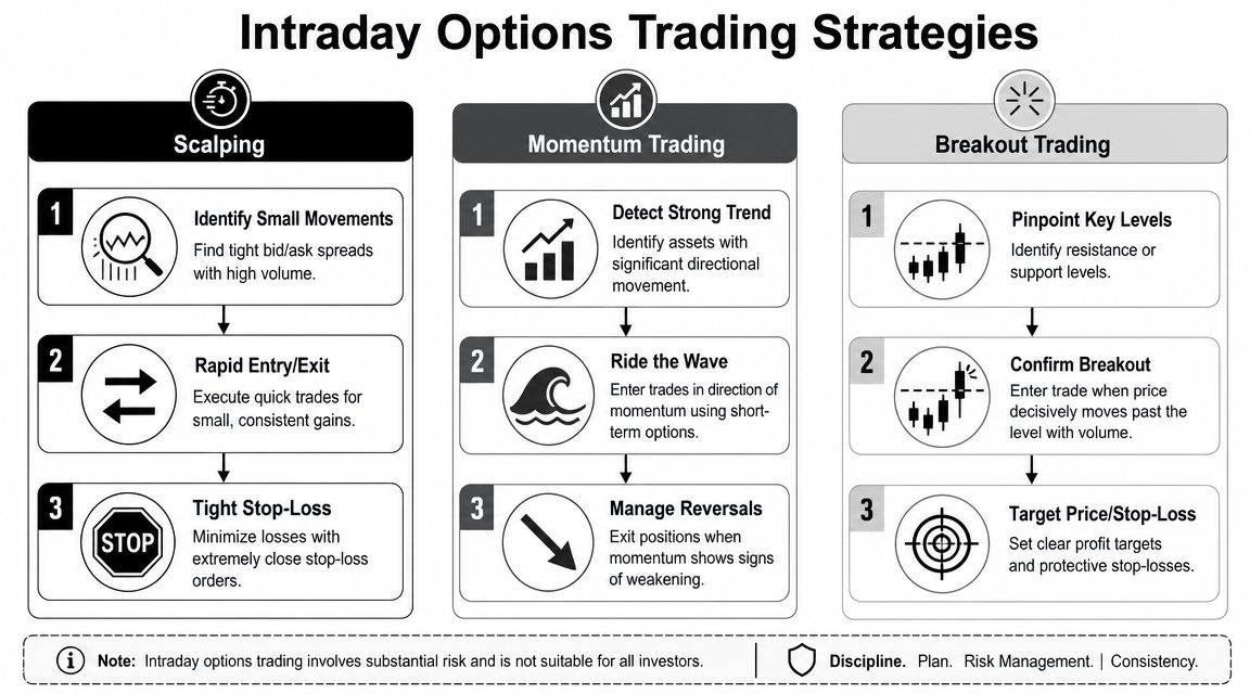 An infographic titled Intraday Options Trading Strategies, detailing steps for scalping, momentum, and breakout trading techniques.