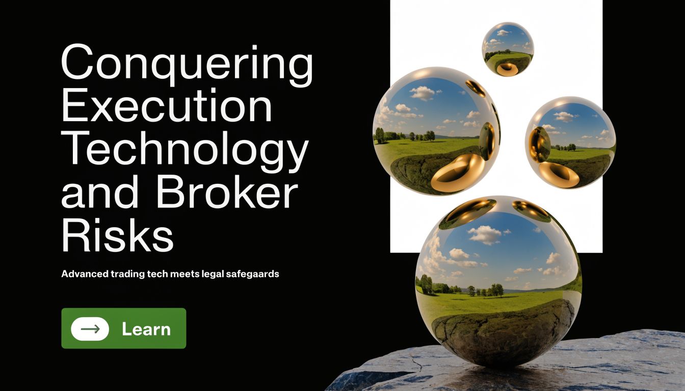 A digital graphic featuring text about conquering trading risks next to abstract metallic spheres in a landscape.