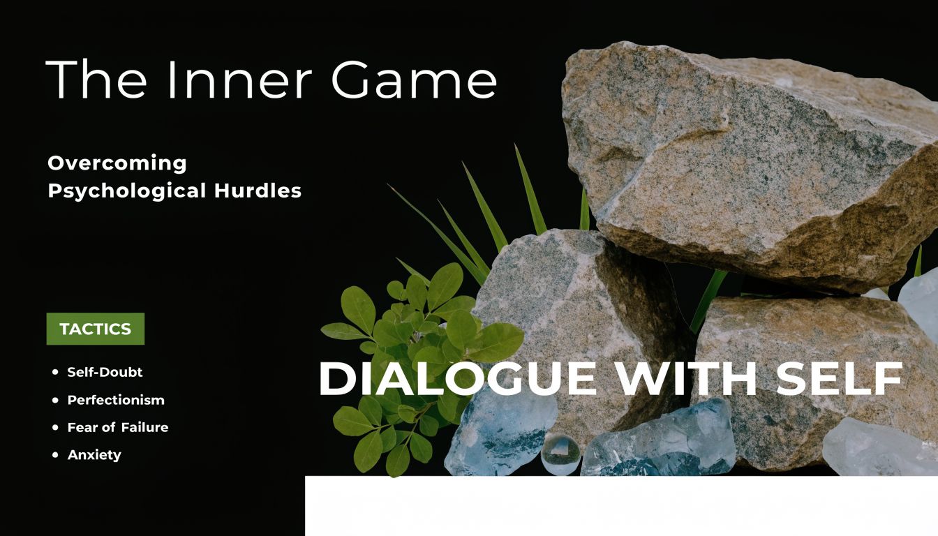 Conceptual image representing overcoming psychological challenges in trading with text about the inner game and self-dialogue.