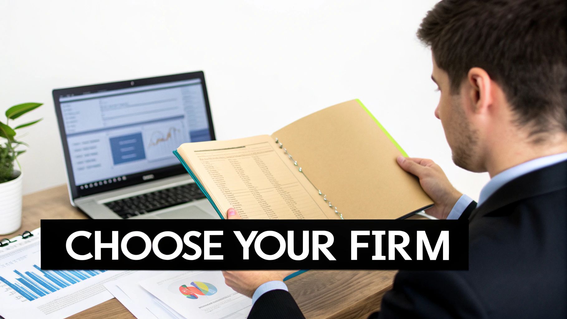 Professional man reviewing documents and data on a laptop and binder, with 'CHOOSE YOUR FIRM' overlay.