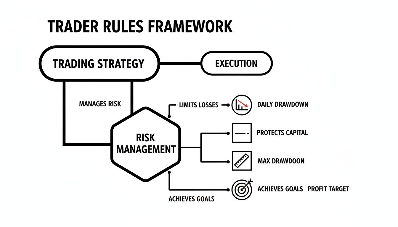 Diagram illustrating a trader's rules framework, connecting strategy, execution, and risk management.