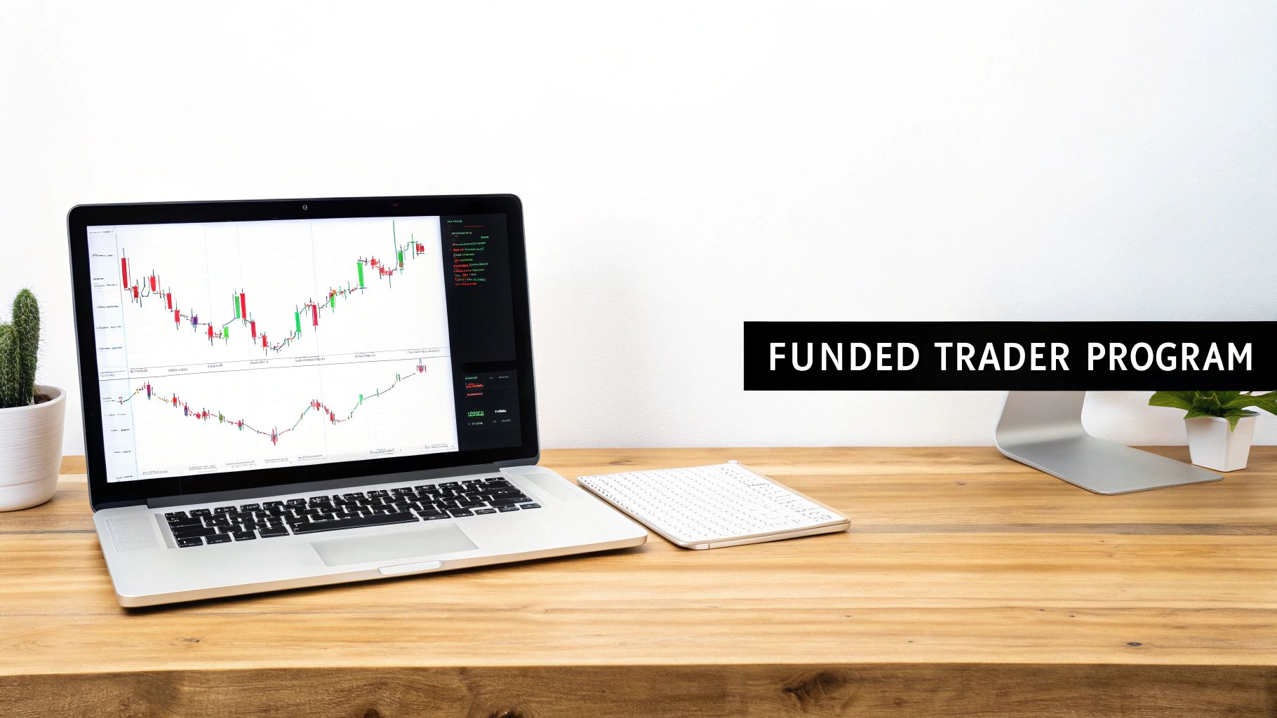 A laptop displaying financial trading charts on a wooden desk with a cactus, advertising 'FUNDED TRADER PROGRAM'.
