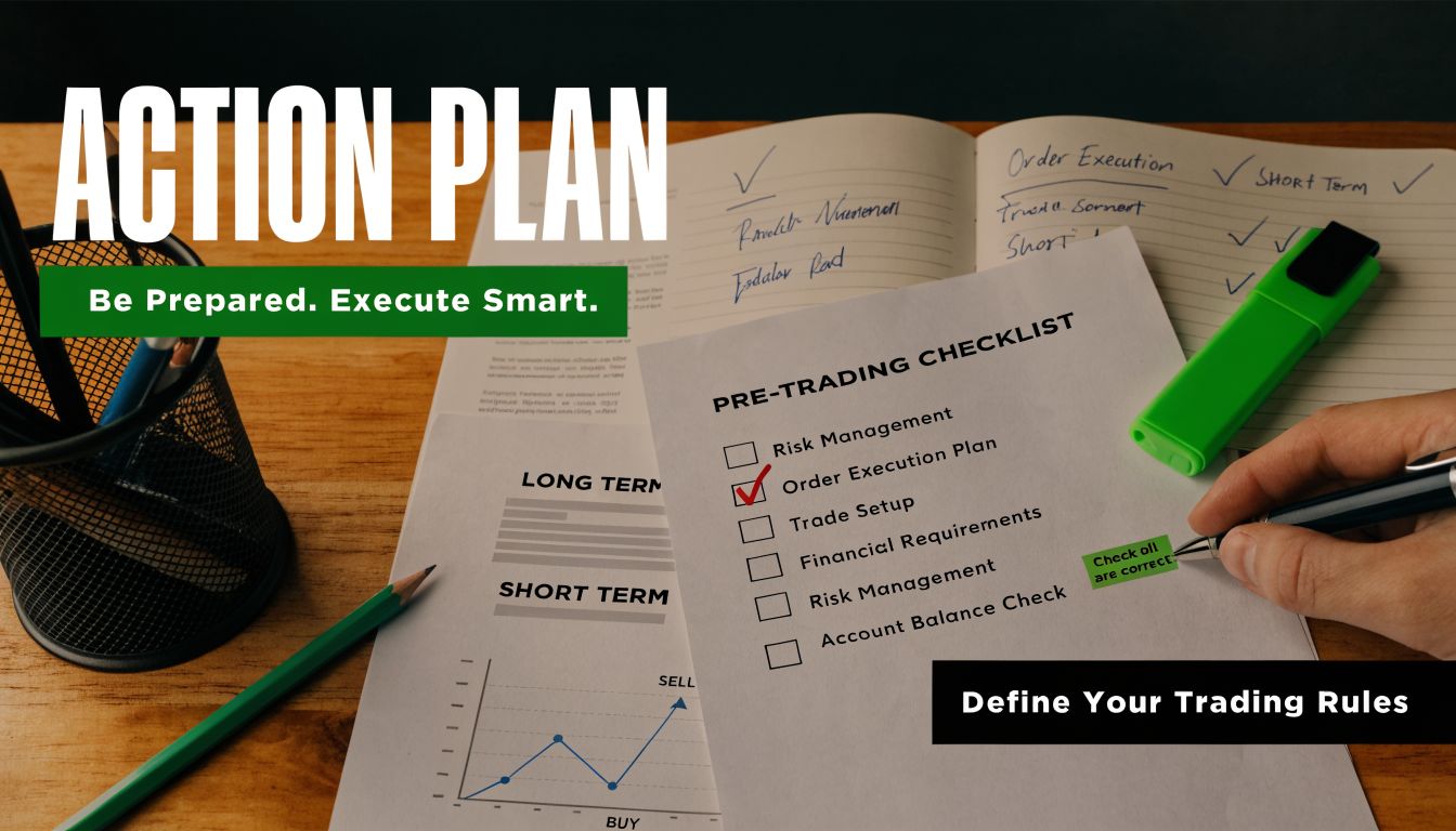 A checklist for trading strategies placed on a desk with a pen, a highlighter, and a graph.