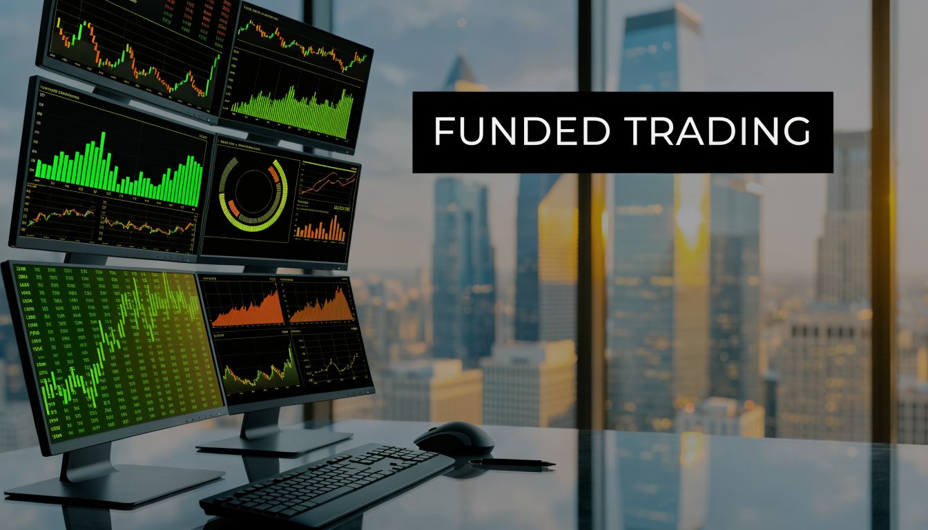 A professional desk setup with multiple monitors displaying stock market data and financial trading charts.