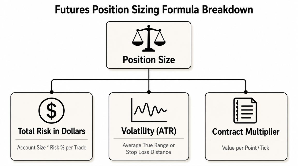 A diagram illustrating the formula for calculating position size in futures trading based on risk, volatility, and multipliers.
