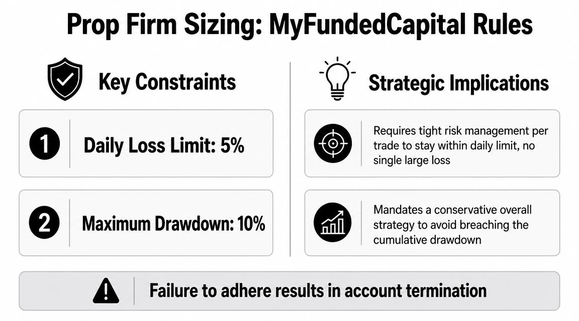 A summary graphic outlining MyFundedCapital prop firm rules regarding daily loss limits and maximum drawdown restrictions.