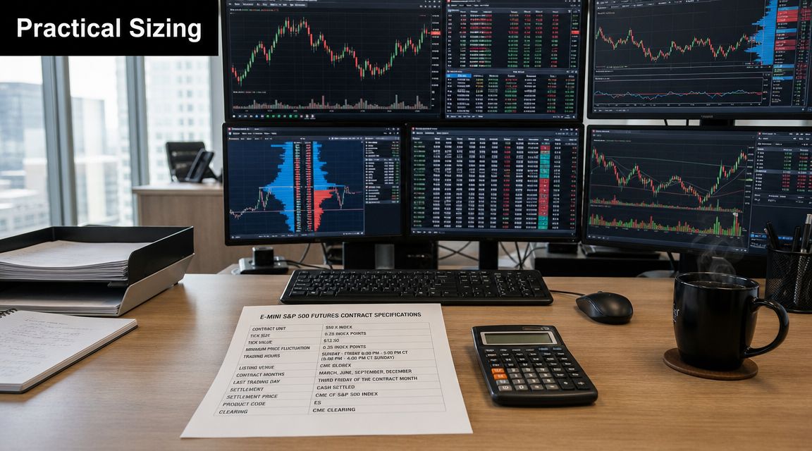 A professional trading desk setup featuring multiple monitors displaying stock market charts and a contract specification sheet.