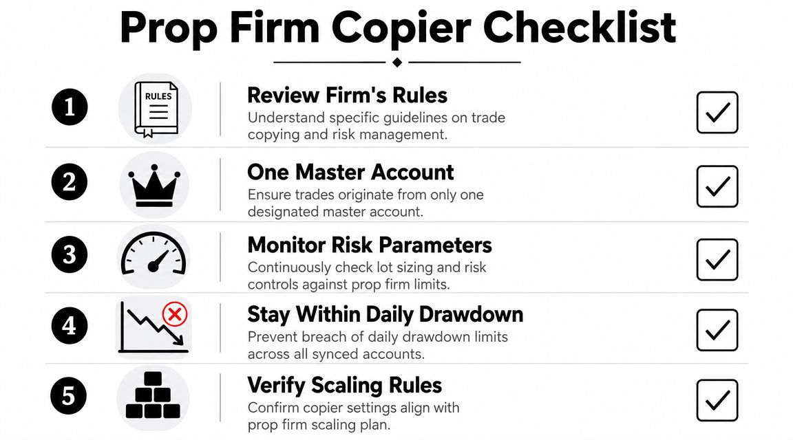 A five-point checklist for using a prop firm trade copier to ensure compliance with risk management.