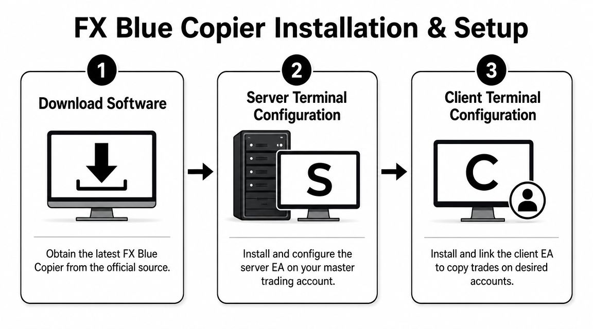 A three-step infographic showing the installation and configuration process for the FX Blue trade copier software.