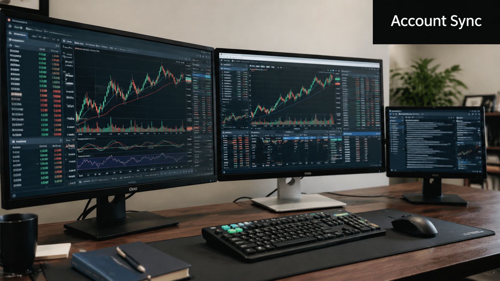 A professional trading desk setup featuring three computer monitors displaying financial market charts and data analysis software.