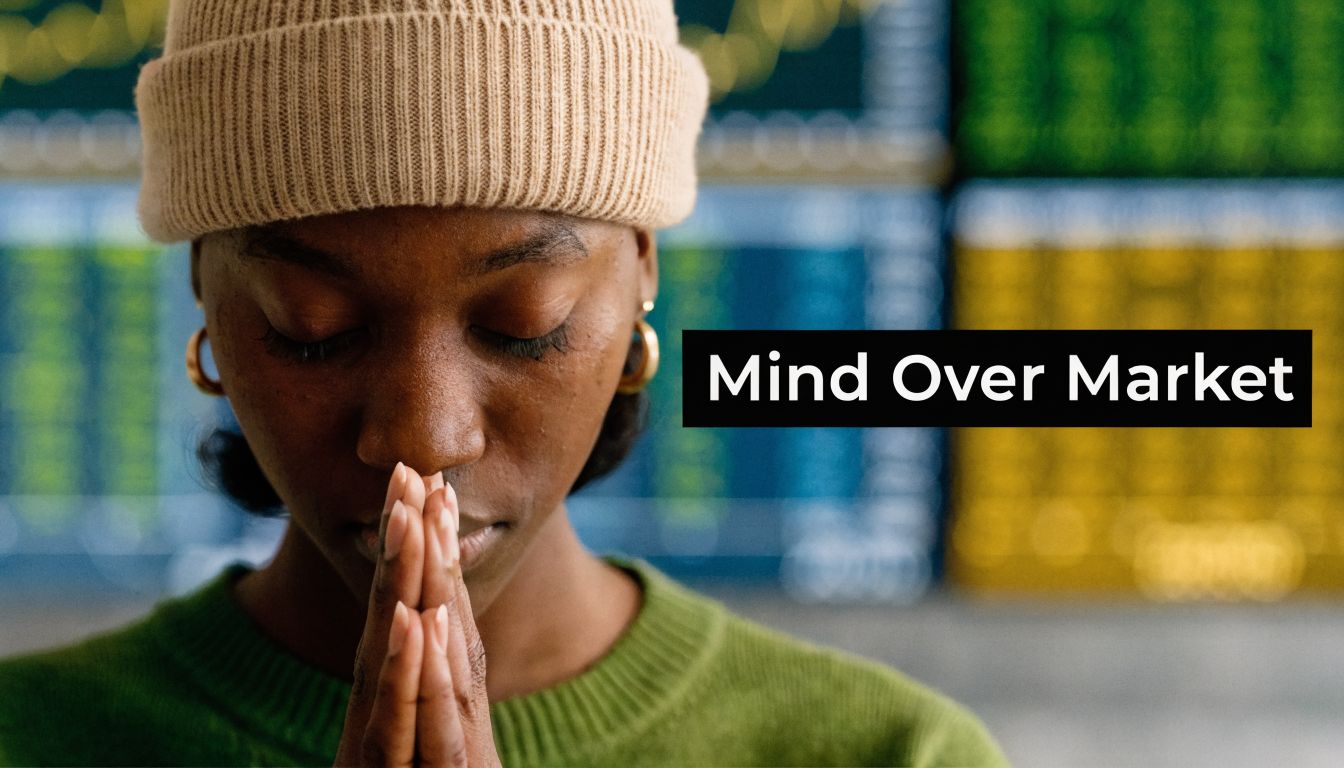 A person in a beanie with hands pressed together in meditation before digital stock market screens.