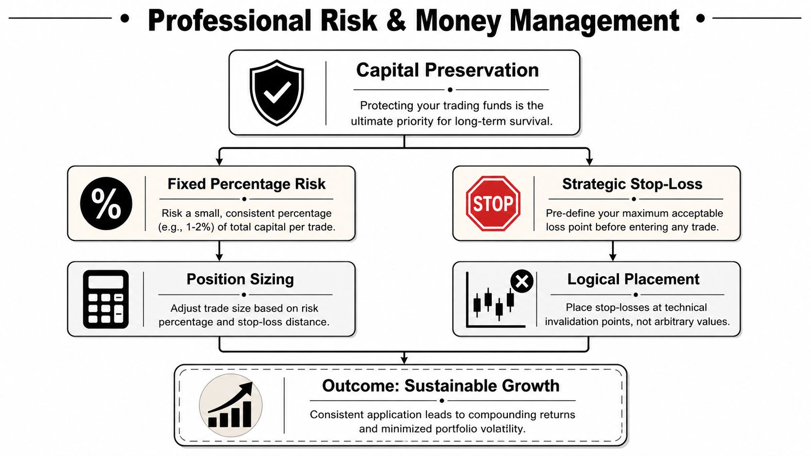 A professional infographic diagram outlining the core strategies of risk and money management for successful trading.