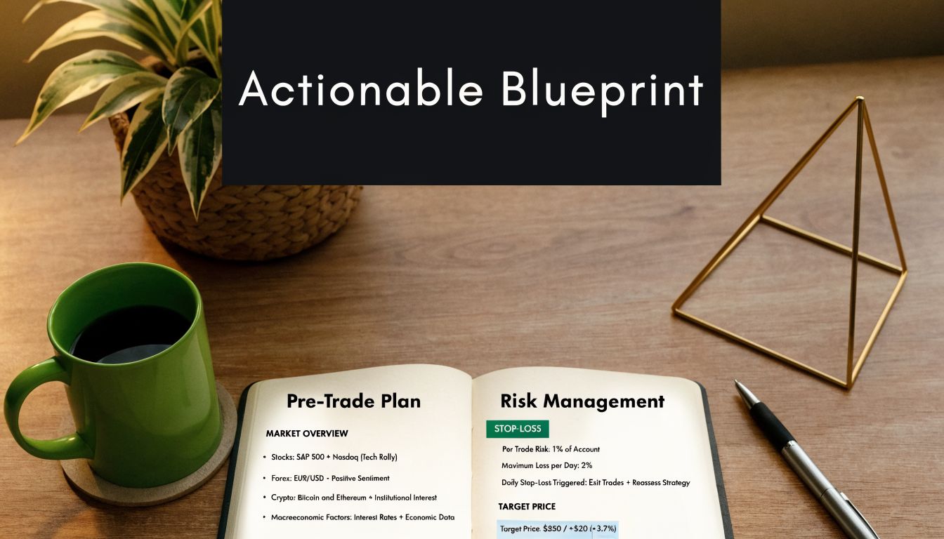 An open notebook on a wooden desk showing a trading plan and risk management guidelines for investors.