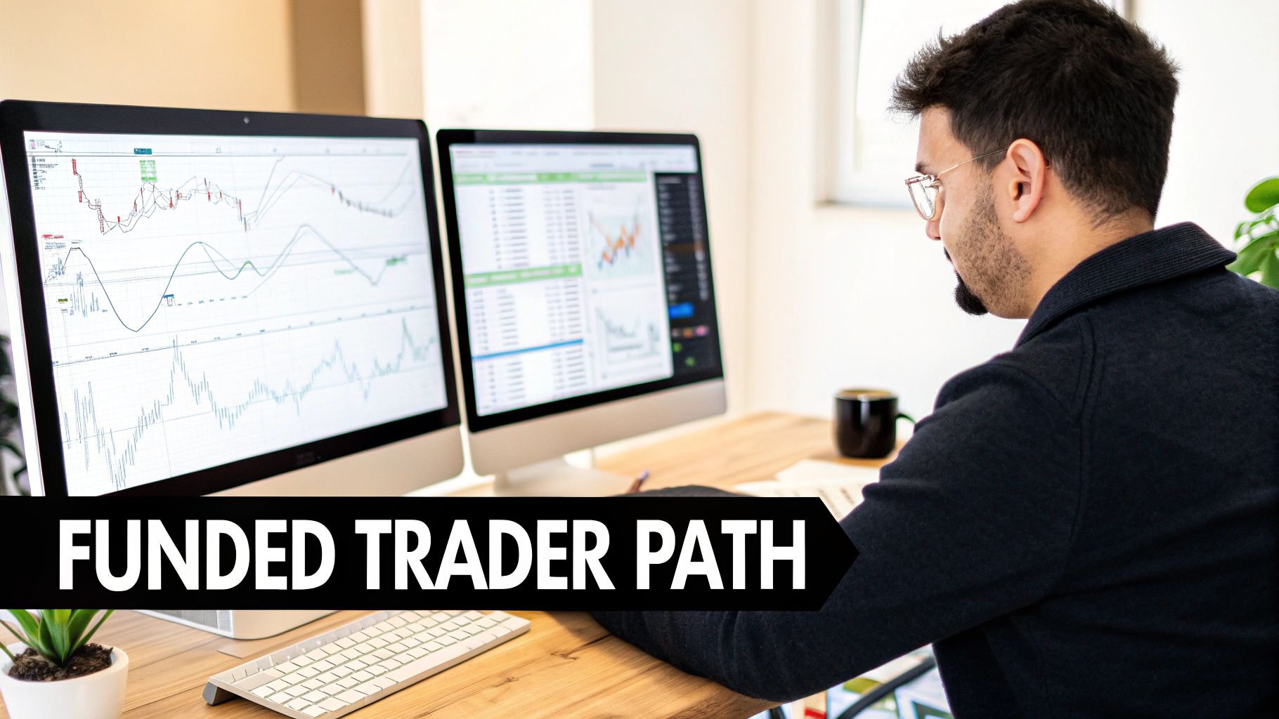 A man trading on dual monitors displaying financial charts and data, with 'FUNDED TRADER PATH' overlay.