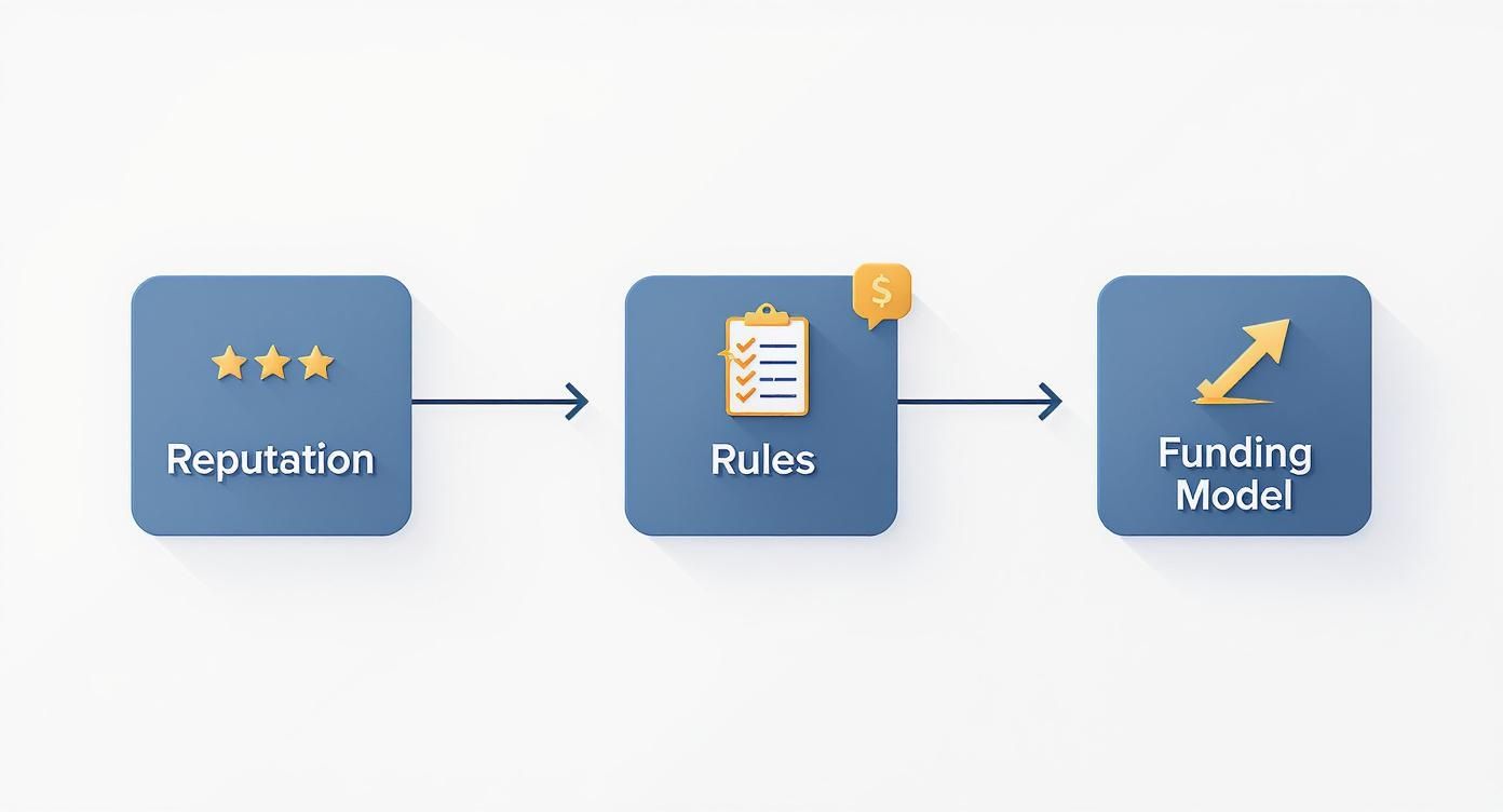 Flowchart illustrating reputation (stars), leading to rules (checklist, dollar sign), then to a funding model (upward arrow).