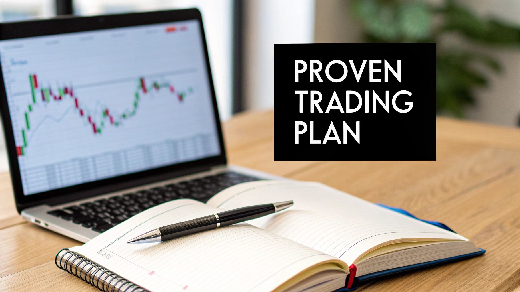 Laptop displaying financial charts, an open notebook, and a pen with text 'PROVEN TRADING PLAN'.