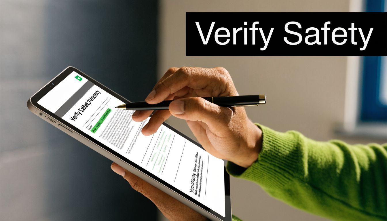 A person's hand using a stylus to sign a digital document labeled Verify Safety on a tablet.