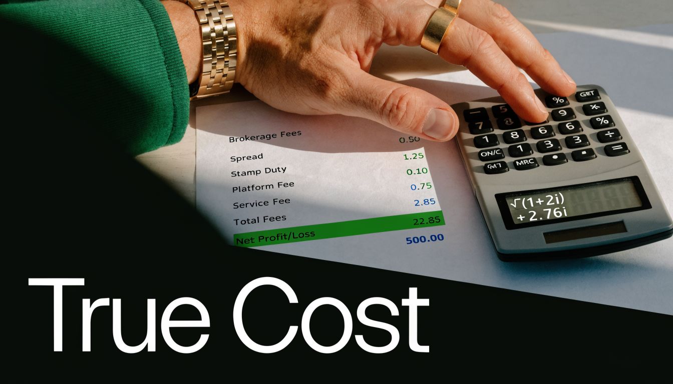 A person calculates trading fees on a paper document with a calculator, illustrating the true cost concept.