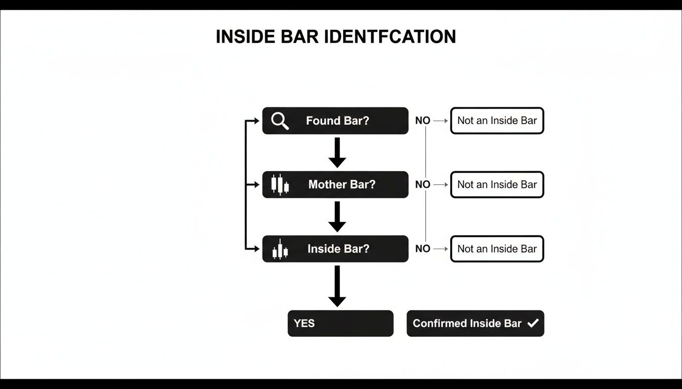 A flowchart illustrates the step-by-step identification process for an inside bar candlestick pattern.