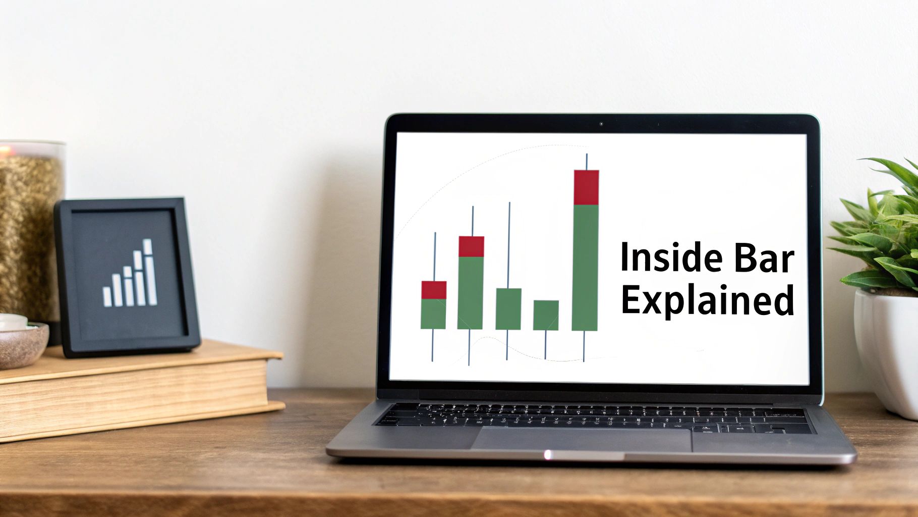 A laptop on a wooden desk displays a financial candlestick chart explaining the 'Inside Bar' pattern.