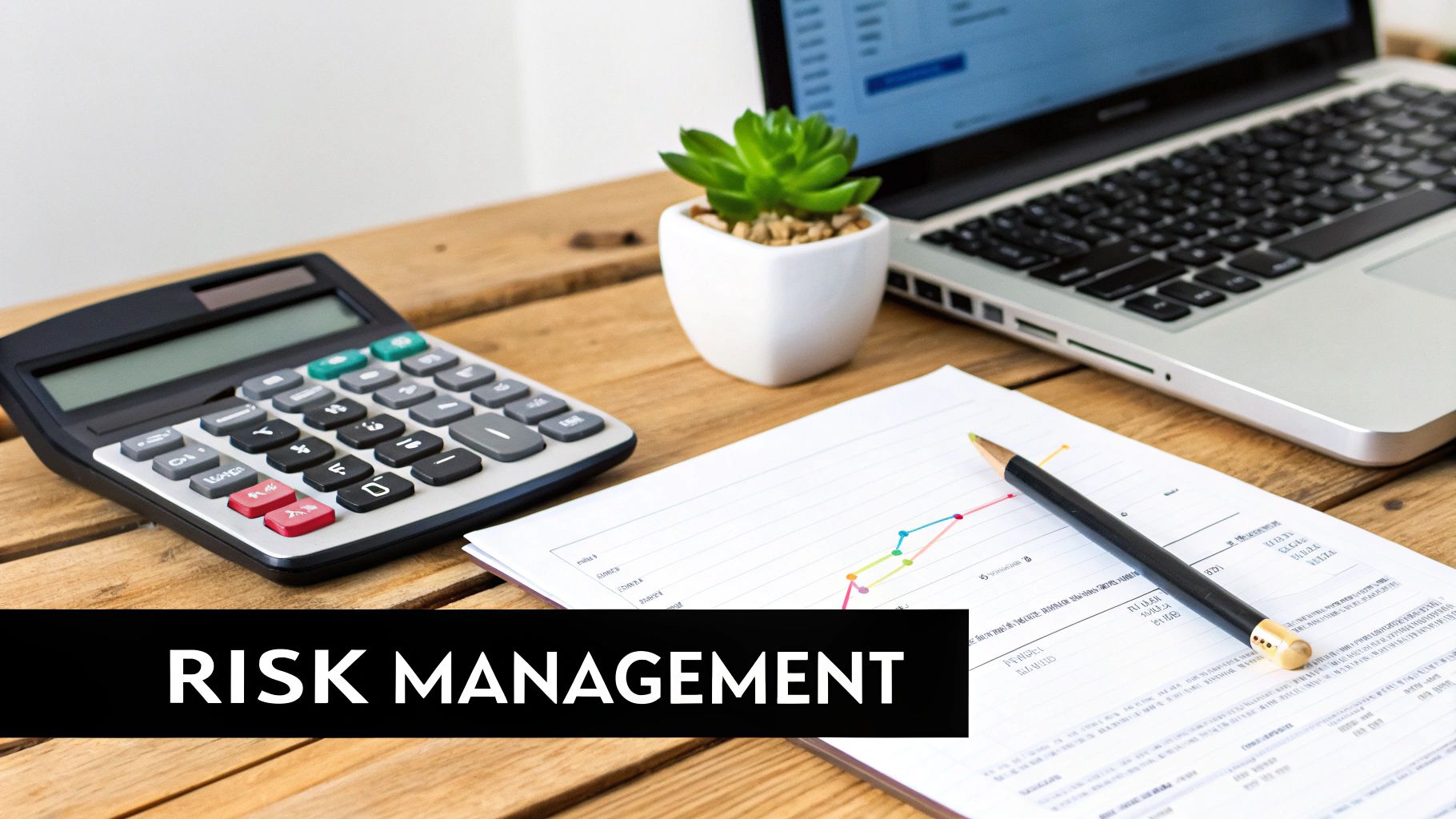 Office desk with calculator, laptop, plant, chart document, and pencil, with "RISK MANAGEMENT" text.